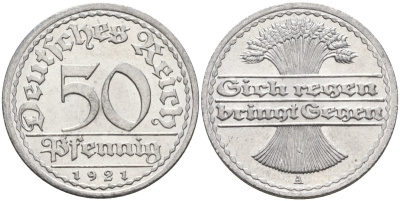 Германия 50 пфеннигов 1921 A KM 27, J.301, Weege 10 алюминий UNC 4584-831
