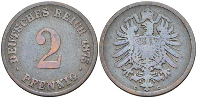 ГЕРМАНИЯ 2 ПФЕННИГА 1875 C, СТАРОГЕРБОВКА KM 2, Jager 2, Weege 3 медь 4546-544
