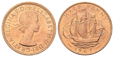 Великобритания 1/2 пенни 1967 Елизавета II (1952-2022) KM 896, Spink 4158 бронза UNC 4700-631
