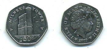 ОСТРОВ МЭН 50 ПЕНСОВ 2009 БАШНЯ МИЛНЕРСА KM 1258 медно-никель UNC 540-323