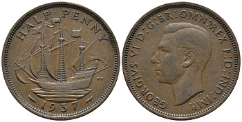 Великобритания 1/2 пенни 1937 Георг VI (1936-1952) KM 844, Spink 4115 бронза 34-1023