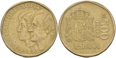 Испания 500 песет 1989 Хуан Карлос I (1975-2014) и София KM 831 алюминиевая бронза 4144-616