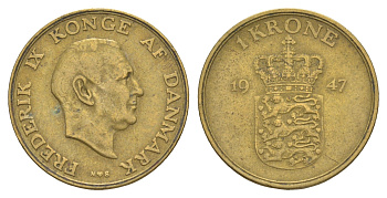 Дания 1 крона 1947 N, Фредерик IX (1947-1972) KM 837 алюминиевая бронза 4638-657