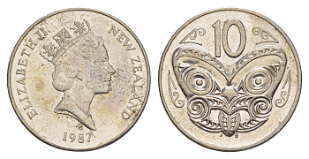 Новая Зеландия 10 центов 1987 Елизавета II (1952-2022), маска маори KM 61 медно-никель 4652-651