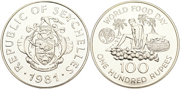 Сейшельские острова 100 рупий 1981 ФАО, всемирный день продовольствия, тираж 10000 экз. KM 45 a серебро UNC 02-263-12