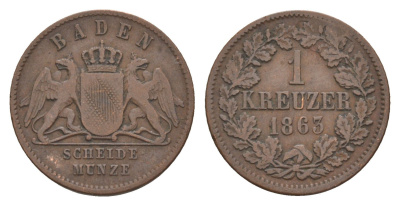 Баден 1 крейцер 1863 Фридрих I (1856-1907) KM 242, AKS 132, J. 81 медь 4659-117