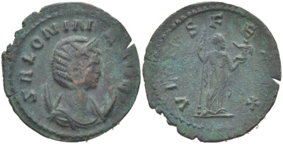 Римская Империя антониниан 254 - 268 Салонина, жена Галлиена, SALONINA AVG, бюст императрицы / VENVS FELIX, Венера, держащая купидона, Медиолан RIC 65 var биллон 1073-20-17