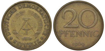 ГДР 20 пфеннигов 1969 А, первый год KM 11 латунь 62-1015
