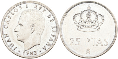 Испания 25 песет 1983 Хуан Карлос I (1975-2014) KM 824 медно-никель 106-243