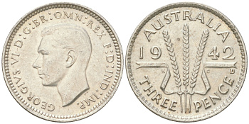 Австралия 3 пенса 1942 D, Георг V (1936-1952) KM 37 серебро 4621-1151