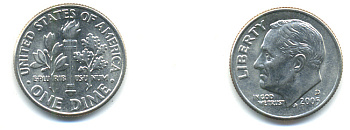 США 10 ЦЕНТОВ = 1 ДАЙМ 2007 D, РУЗВЕЛЬТ KM 195a медно-никель 89-543