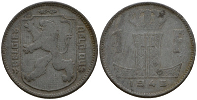 Бельгия 1 франк 1945 Belgie - Belgique KM 128 цинк 67-1056