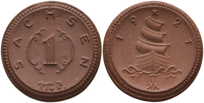 Саксония 1 марка 1921 парусник J. N 55 фарфор 1094-3-14