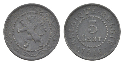 Бельгия 5 сантимов 1916 германская оккупация первая мировая война, Альберт I (1910-1934) KM 80 цинк 4169-133