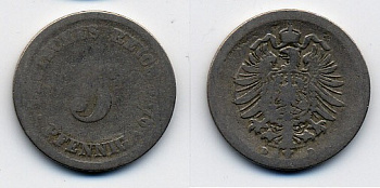 ГЕРМАНИЯ 5 ПФЕННИГОВ 1876 B, СТАРОГЕРБОВКА KM 3, J.3 медно-никель 46-1759
