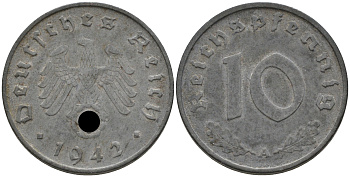 ГЕРМАНИЯ 10 РЕЙХСПФЕННИГОВ 1942 A J. 371, KM 101 цинк 75-245