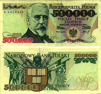 ПОЛЬША 500000 ЗЛОТЫХ 1993 ГЕНРИК СЕНКЕВИЧ Pick 161а бумага XF 6352-29-3-1