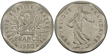 Франция 2 франка 1980 сеятель KM 942.1 никель 4120-421