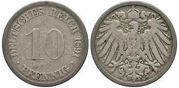 ГЕРМАНИЯ 10 ПФЕННИГОВ 1891 D KM 12, Jager 13, Weege 8 медно-никель 4513-647