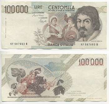 Италия 100000 лир 1983 Караваджо, фруктовый букет, подпись Speziali Pick 110b бумага 7220-16-2