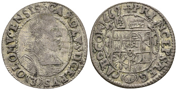 Австрия, Ольмюц 3 крейцера 1669 Карл II фон Лихтенштейн-Кастелькорн (1664-1695) KM 65.1, Videman 323 серебро 413-6712