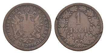 Австрия 1 крейцер 1861 A, Франц Иосиф I (1848-1916) KM 2186 медь 4639-223