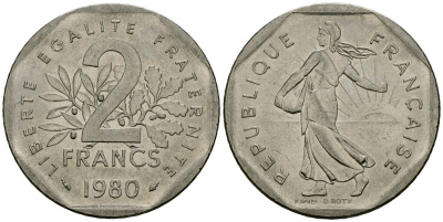 Франция 2 франка 1980 сеятель KM 942.1 никель 4120-421