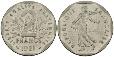 Франция 2 франка 1981 сеятель KM 942.1 никель 4120-423