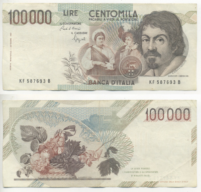 Италия 100000 лир 1983 Караваджо, фруктовый букет, подпись Speziali Pick 110b бумага 7220-16-2