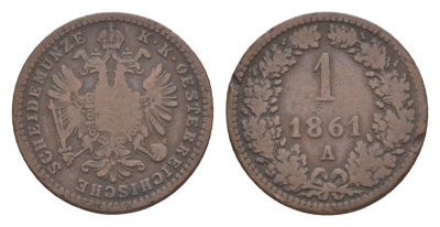 Австрия 1 крейцер 1861 A, Франц Иосиф I (1848-1916) KM 2186 медь 4639-223