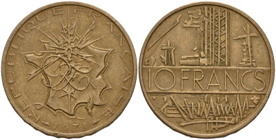 Франция 10 франков 1978 тип Матье KM 940, Le Franc 365.11-12 никель латунь 4159-715