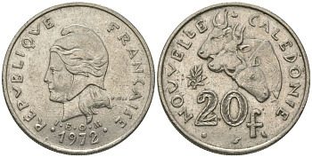 Французская Новая Каледония 20 франков 1972 три быка, (IEOM) KM 12, Schoen 14, Lec 106 никель 69-415