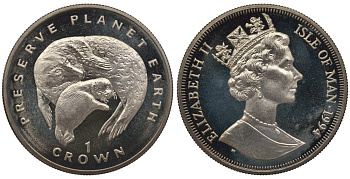 ОСТРОВ МЭН 1 КРОНА 1994 СОХРАНИМ ПЛАНЕТУ ЗЕМЛЯ, ТЮЛЕНИ KM 386 медно-никель UNC 1068-6-51