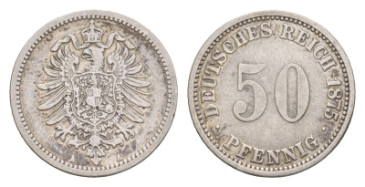 Германия 50 пфеннигов 1875 A, Вильгельм I (1861-1888) KM 6 серебро 1520-841