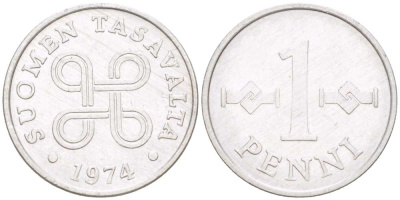 Финляндия 1 пенни 1974 KM 44а алюминий 4519-556