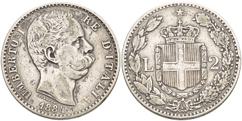 Италия 2 лиры 1884 R, Умберто I (1878-1900), монетный двор Рим KM 23 серебро 55-131