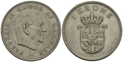 Дания 1 крона 1962 C; S, Фредерик IX (1947-1972) KM 851 медно-никель 4138-817