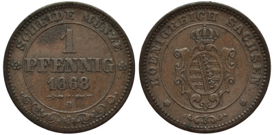 Саксония 1 пфенниг 1868 В, Йоханн (1854-1873) KM 1216 медь 413-6041