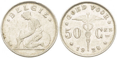 БЕЛЬГИЯ 50 САНТИМОВ 1928 BELGIE KM 88 никель 261-1167