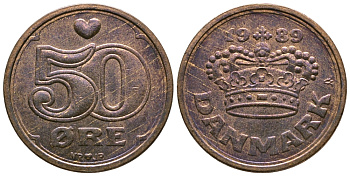 Дания 50 эре 1989 Маргрете II (1972- ) KM 866.1 бронза 54-948