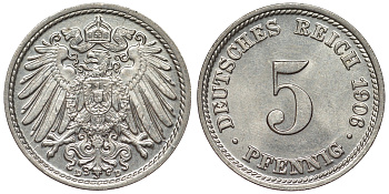 Германия 5 пфеннигов 1906 D, KM 11, J. 12 медно-никель UNC 71-1039