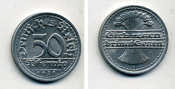 ГЕРМАНИЯ 50 ПФЕННИГОВ 1920 D KM 27, J. 301 алюминий 57-433