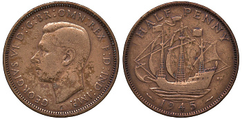 Великобритания 1/2 пенни 1945 Георг VI (1936-1952) KM 844, Spink 4115 бронза 4122-757