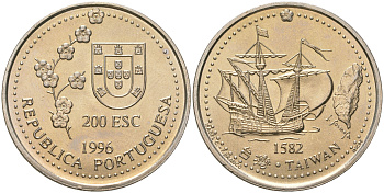 Португалия 200 эскудо 1996 Путешествие на Тайвань в 1582 году KM 692 медно-никель UNC 4677-131