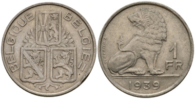 Бельгия 1 франк 1939 Belgique - Belgie KM 119 никель 4603-1227