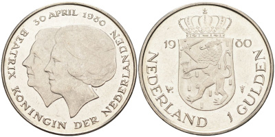 Нидерланды 1 гульден 1980 на коронацию Беатрикс, 30 апреля 1980 KM 200 никель UNC 4116-111