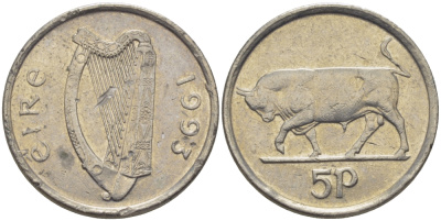 ИРЛАНДИЯ 5 ПЕНСОВ 1993 БЫК KM 28 медно-никель 179-1011