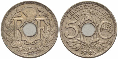 ФРАНЦИЯ 5 САНТИМОВ 1925 ТИП ЛИНДАЙЁ KM 875, LE FRANC 122.10 медно-никель 105-354