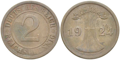 ГЕРМАНИЯ 2 РЕЙХСПФЕННИГА 1924 А KM 38, J. 314, Weege 4 бронза 211-569