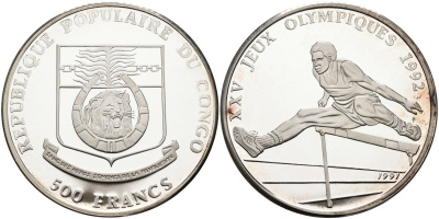 Конго 500 франков 1991 XXV олимпийские игры 1992 года в Барселоне, бег с барьерами, тираж 10000 экз. KM 9а серебро PROOF 00-00
